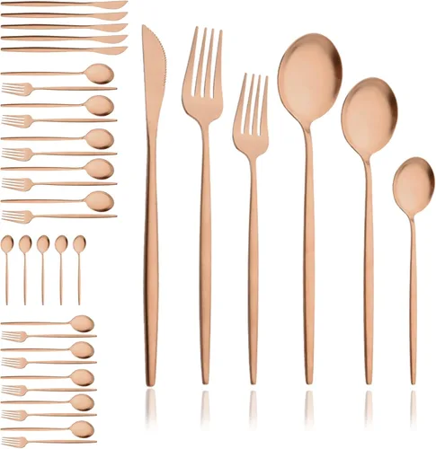 Miniatura 12 de JASHII Juego de cubiertos mate de 36 piezas con mango plano acabado satinado negro acero inoxidable cubiertos servicio para 6 para cocina casera