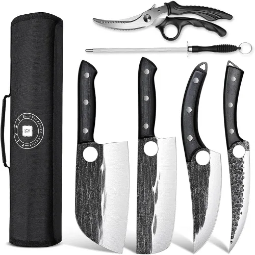 TIVOLI Juego de cuchillos de carnicero profesional para procesamiento de carne, 7 piezas de acero de alto carbono forjado a mano, juegos de