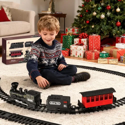 Miniatura 6 de Juego de tren de árbol de Navidad de 15 piezas con humo, sonido y luces, pista elegante y vagones de pasajeros vintage para Navidad, juego de tren