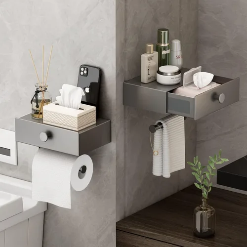 Miniatura 3 de VOLDRA Soporte de papel higiénico con estante dispensador de toallitas grises para baño, soporte de papel higiénico con diseño de cajón