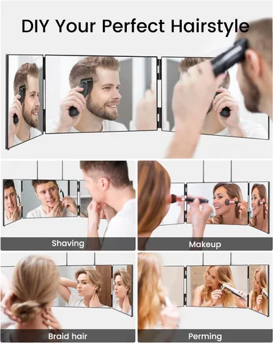 Miniatura 3 de Espejo de 3 vías, espejo 360 para corte de cabello, ajustable y plegable, espejo de peluquero triple con ganchos telescópicos, accesorios