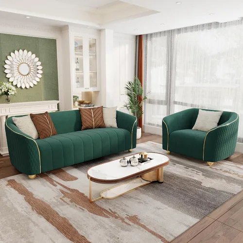 Miniatura 10 de Sofá de lujo de terciopelo retro de 3 plazas, cómodo sofá biplaza tapizado de terciopelo de 86 pulgadas con patas y almohadas de metal dorado, sofá