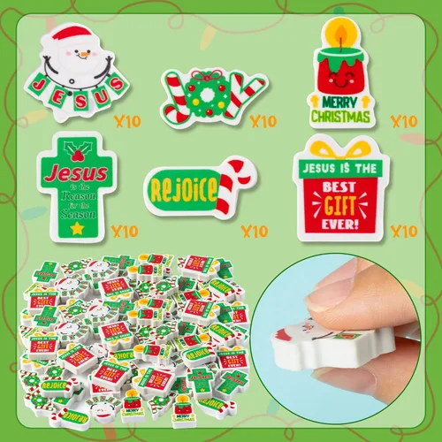 Miniatura 2 de ANGOLIO 60Pcs Borradores Mini de Dibujos Animados Cristianos en Paquete Grande para Navidad Feliz, Borradores de Lápiz con Motivo de Cruz Religiosa