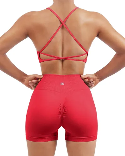 SUUKSESS Conjuntos de entrenamiento sin costuras para mujer, sujetador deportivo con tiras y cintura alta, pantalones cortos