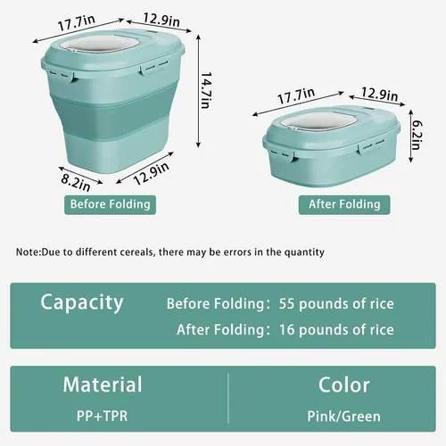 Miniatura 2 de Recipientes de almacenamiento de alimentos de arroz de cereales, contenedor dispensador plegable de 20 a 50 libras con rueda rodante, tapa