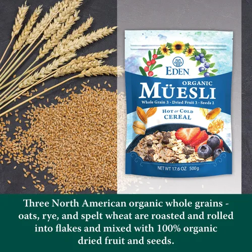 Miniatura 3 de Eden Cereal Muesli Orgánico, Cómelo Caliente o Frío, Copos de Avena, Centeno, Trigo y Espelta, Pasas, Arándanos Rojos, Arándanos Azules Silvestres
