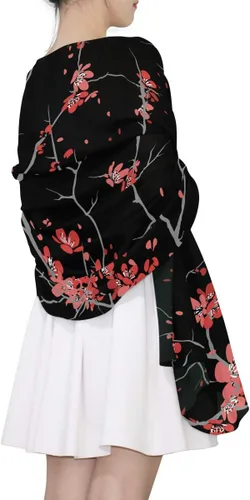 Miniatura 4 de Alaza - Bufanda larga de seda para mujer con diseño de flor de cerezo, color rojo