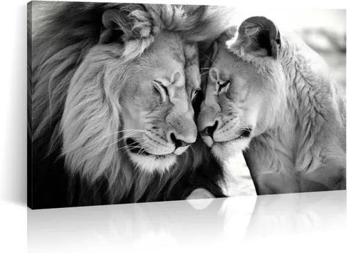LYUNSHUO Lienzo decorativo para pared, diseño de león y leona, animales en blanco y negro, imágenes de pareja, pintura abstracta de vida silvestre,