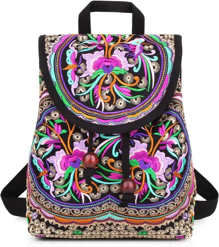 MAZEXY Mochila bordada para mujer, bolso de hombro bohemio, bolso cruzado de flores étnicas vintage, Rojo -, Mochila Flor Rosa