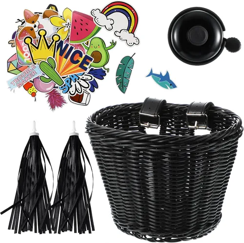Miniatura 10 de Set de serpentinas para cesta de bicicleta para niños, cesta de mimbre para manillar de bicicleta con serpentinas de bicicleta coloridas, campana