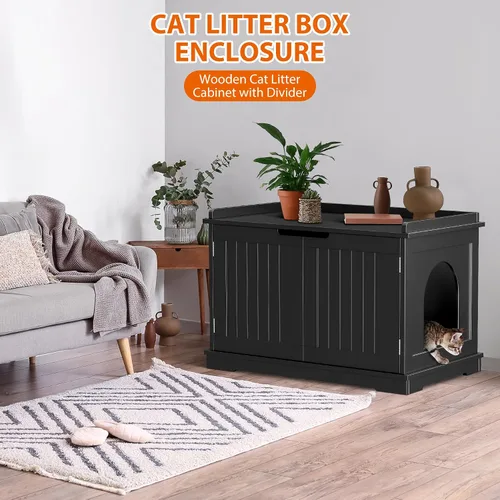 Miniatura 2 de Zeny – Armario para caja de arena para gatos, gabinete de madera con divisor, banco de almacenamiento moderno, se adapta a la mayoría de cajas