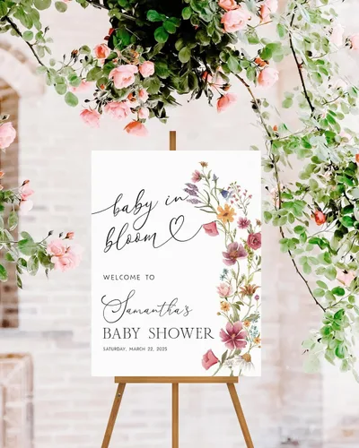 Miniatura 5 de Letrero de Bienvenida para Baby Shower de Flores Silvestres, Letrero de Baby Shower con Lazo Rosa, Póster de Bienvenida para Baby Shower, Decoración