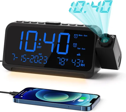 ROCAM Reloj despertador de proyección para techo de dormitorio, reloj digital con proyector de 180° con atenuador de 5 niveles, alarma fuerte dual
