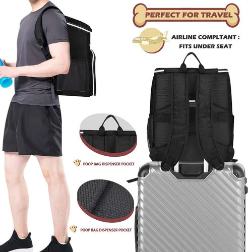 Miniatura 5 de BAGLHER Mochila de viaje para perros, mochila de suministros para mascotas aprobada por aerolíneas, bolsa de viaje para perros con 2 cuencos Negro