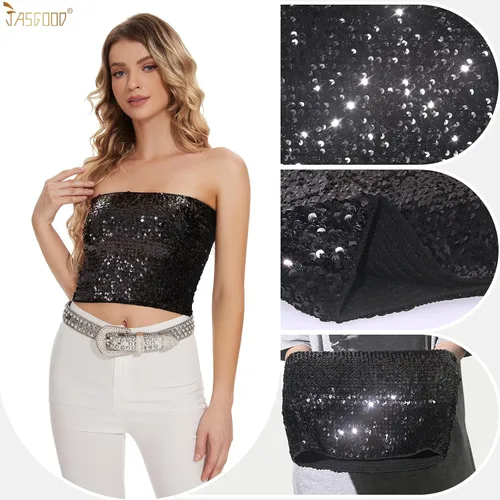 Miniatura 4 de JASGOOD Tops cortos de lentejuelas brillantes para mujer, tops de tubo metálicos sin tirantes, corsé de sirena con purpurina para fiesta y club