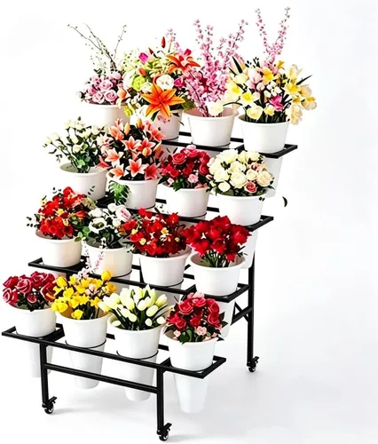 Miniatura 12 de Zhongma Soporte móvil para plantas con ruedas, carrito de jardín resistente, estante de flores con 12 cubos de plástico para flores frescas