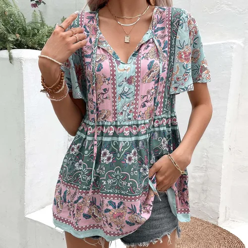 Miniatura 2 de Womens Shirts Dressy Casual 2023 Bohemian Flowy Streetwear Blouses Trendy Tops Short Sleeve Blouses