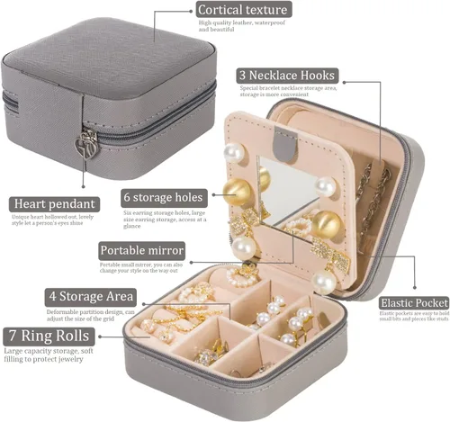 Miniatura 3 de KElofoN - Estuche para joyas de viaje, pequeño organizador de joyería con espejo para mujeres y niñas, color gris