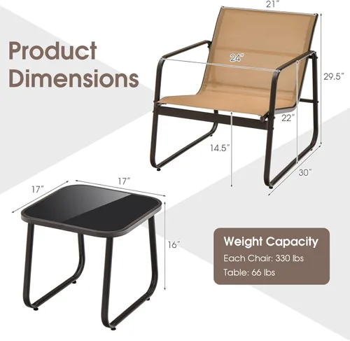 Miniatura 4 de Tangkula Juego de 3 piezas de conversación para patio, juego de silla y mesa de metal para exteriores, tela transpirable y mesa de vidrio templado