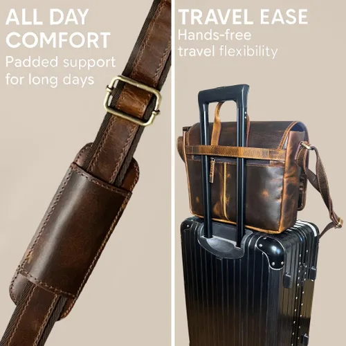 Miniatura 6 de Bolso de mensajero de cuero para hombre, 14 pulgadas, bolso de cuero para laptop, bolso cruzado vintage para oficina, bolso de hombro de viaje Marrón