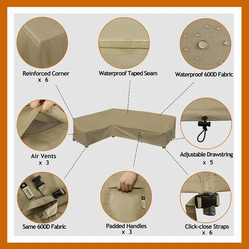 Miniatura 3 de Funda de Sofá Seccional de Servicio Pesado para Exteriores, Fundas Impermeables 600D para Sofá Seccional de Patio, Funda para Muebles de Jardín