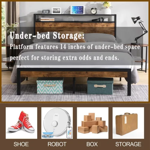 Miniatura 6 de Base de cama industrial tamaño matrimonial, marco de cama de plataforma con tomas de corriente y 2 puertos USB y con cabecera de almacenamiento de 2