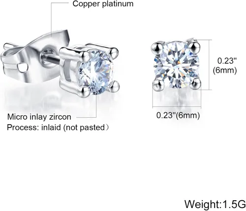 Miniatura 5 de Pendientes de tuerca de acero de titanio chapado en platino princesa 3A Rhinestone para mujer