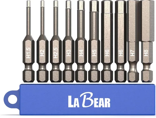 Miniatura 11 de LABEAR - Juego de 10 piezas de llaves Allen de cabeza hexagonal con mango de 1/4" y 4 pulgadas de largo, en S2 acero, tamaños 5/64", 3/32", 7/64