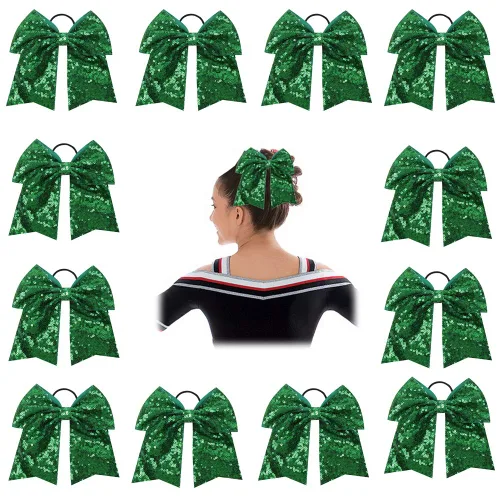 Miniatura 6 de Oaoleer 12 lazos grandes con purpurina para el pelo de 7 pulgadas, banda elástica hecha a mano para animadoras, adolescentes, niñas, deportes Negro