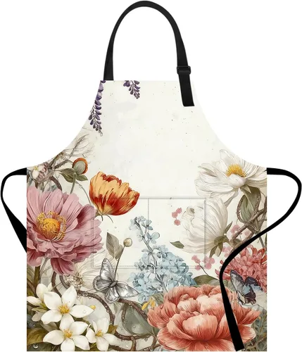 Miniatura 7 de Delantal divertido con bolsillo para mujeres y hombres, delantal de cocina ajustable para barbacoa y horneado con lindos animales y flores