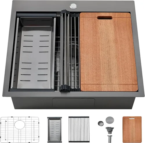 Miniatura 23 de SHACO Fregadero de cocina de 28 pulgadas, fregadero de montaje superior de acero inoxidable T304 de 16 calibre hecho a mano comercial, fregadero