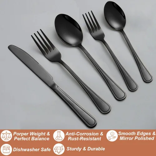 Miniatura 3 de Juego de cubiertos negros de 20 piezas para 4, juego de cubiertos de acero inoxidable de grado alimenticio, incluye tenedor/cuchillo/cuchara, juego