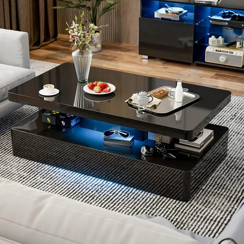 Miniatura 7 de Mesa de centro LED moderna, mesa de centro negra de alto brillo con luces LED de 16 colores, rectangular, 43.3 x 23.6 x 15.4 pulgadas Negro