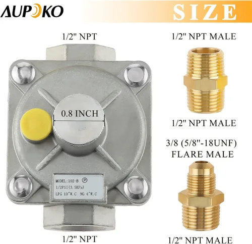 Miniatura 2 de Aupoko Regulador de presión de gas de 1/2", regulador de presión de intercambio de gas natural y licuado con 2 adaptadores de conversión NPT