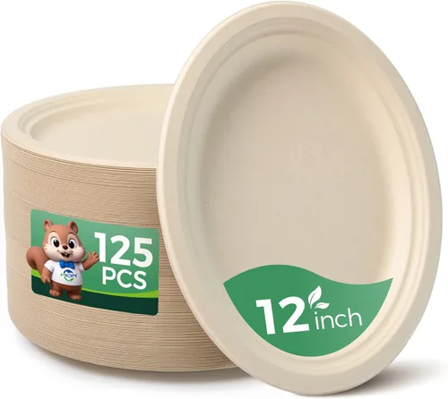 Platos de papel ovalados 100% compostables de 12 pulgadas, paquete de 125 platos desechables grandes y resistentes para barbacoas, fiestas, pícnic,