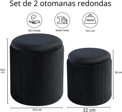 Miniatura 3 de BLEXA Juego de 2 Otomanas Redondas con Almacenamiento - Taburete de Tocador de Terciopelo Tapizado para Maquillaje - Otomanas Multifuncionales