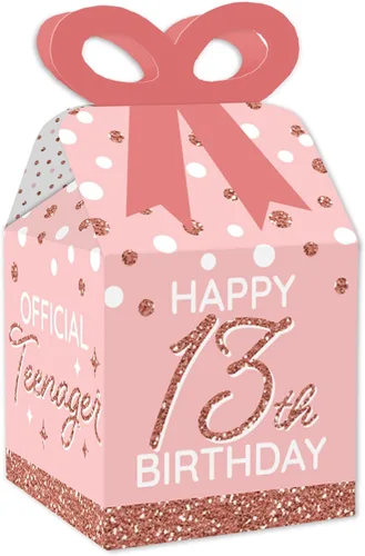 Big Dot of Happiness 13º cumpleaños rosa oro rosa – Cajas de regalo cuadradas – Cajas de lazo para fiesta de feliz cumpleaños – Juego de 12