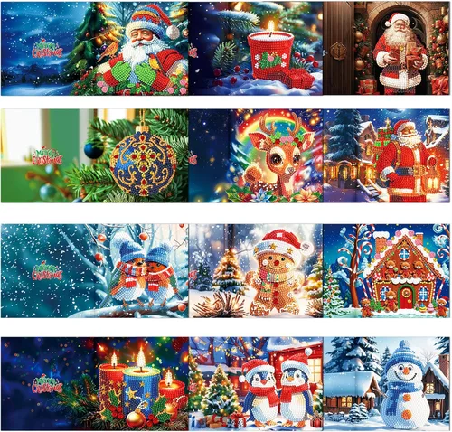 Miniatura 17 de LUSandy Paquete de 12 tarjetas de Navidad con pintura de diamante 5D para adultos, tarjetas de felicitación de arte con diamantes para gatos