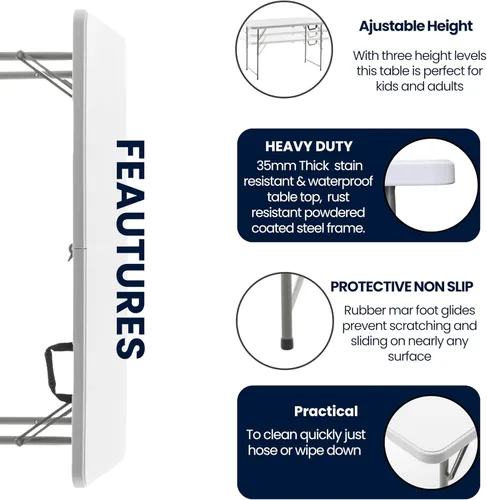 Miniatura 5 de BTEXPERT Mesa plegable de plástico plegable de 4 pies, ligera, altura ajustable, asa de transporte portátil para interiores y exteriores, para Blanco