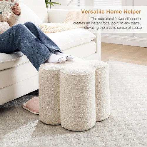 Miniatura 5 de Zesthouse Juego de 2 puf otomanos de flores, reposapiés de tela de lino beige para sofá, taburetes modernos para sala de estar, bonita otomana