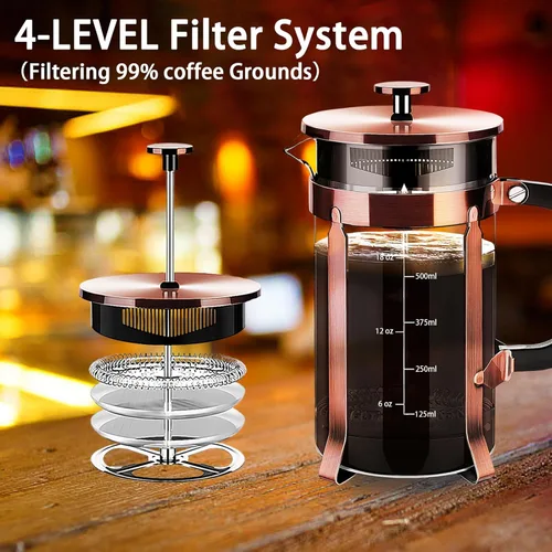 Miniatura 2 de YMMIND Cafetera de Prensa Francesa de Acero Inoxidable 304, Prensa de Café con Sistema de 4 Filtros, Vidrio de Borosilicato Resistente al Calor