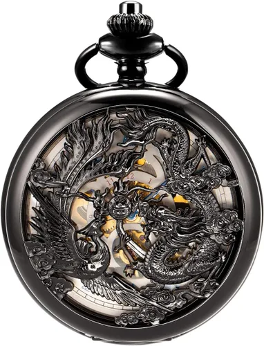 ManChDa Antique Mechanical Pocket Watches for Men Lucky Dragon Phoenix Pocket Watch with Chain Skeleton Dial Roman Numerals Gifts for Fathers Day