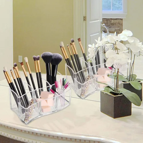 Miniatura 3 de Organizador de acrílico del tenedor de los cepillos del maquillaje de 6 ranuras, almacenamiento claro de los cosméticos del envase