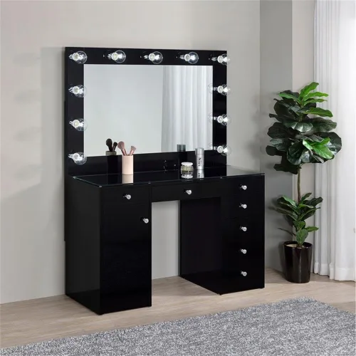 Miniatura 8 de MAKLAINE Juego de tocador de 7 cajones con espejo iluminado, parte superior de madera y vidrio, acabado negro de alto brillo, tocador contemporáneo