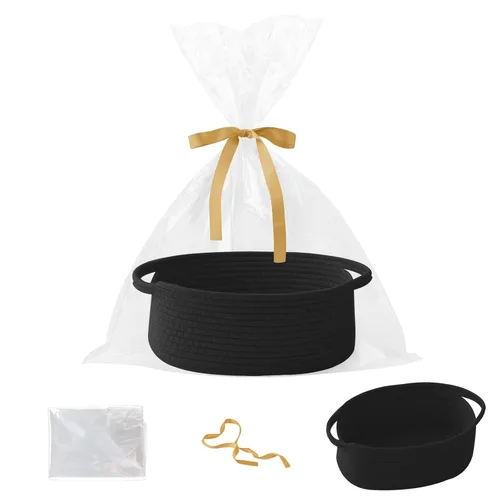 Miniatura 22 de Paquete de 2 canastas pequeñas de cuerda tejida, cesta de regalo vacía con bolsa y cintas, bonita caja organizadora con asa para cumpleaños/baby