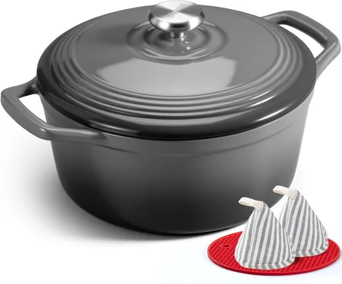 Miniatura 10 de Overmont Horno holandés de hierro fundido esmaltado, olla de 5.5 cuartos de galón con tapa de asas anchas, libro de cocina y agarraderas de algodón