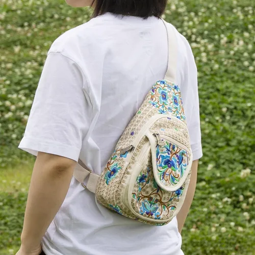 Miniatura 2 de SILKAREA Bolso bandolera pequeño de lona vintage para mujer, bolso cruzado, bolso cruzado bohemio bordado mochila (beige azul)