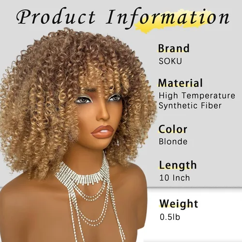 Miniatura 2 de SOKU Peluca de cabello corto rizado para mujeres negras, peluca corta rizada con flequillo, 10 pulgadas, rubia, resistente al calor, para mujer