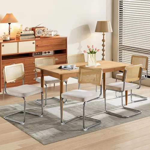 Miniatura 10 de Juego de 2 sillas de comedor de ratán, sillas de comedor modernas tapizadas de mediados de siglo con respaldo de caña, sillas de cocina de Beige