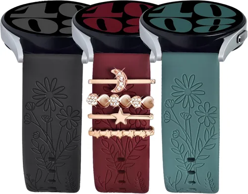 Miniatura 9 de Correas para Samsung Galaxy Watch 7/6/5/4/FE Banda 40mm 44mm con Charms, Correa de Reemplazo de Silicona con Flores Grabadas de 20mm para Mujeres